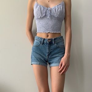 medium wash mom shorts